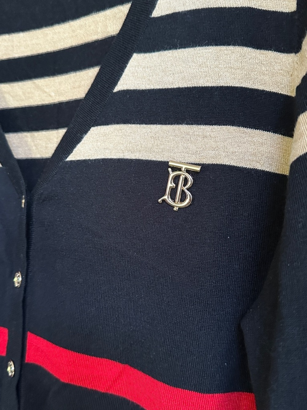 Luxury Designer-Inspired Black & Tan Striped V-Neck Cardigan with Red Accent M/L